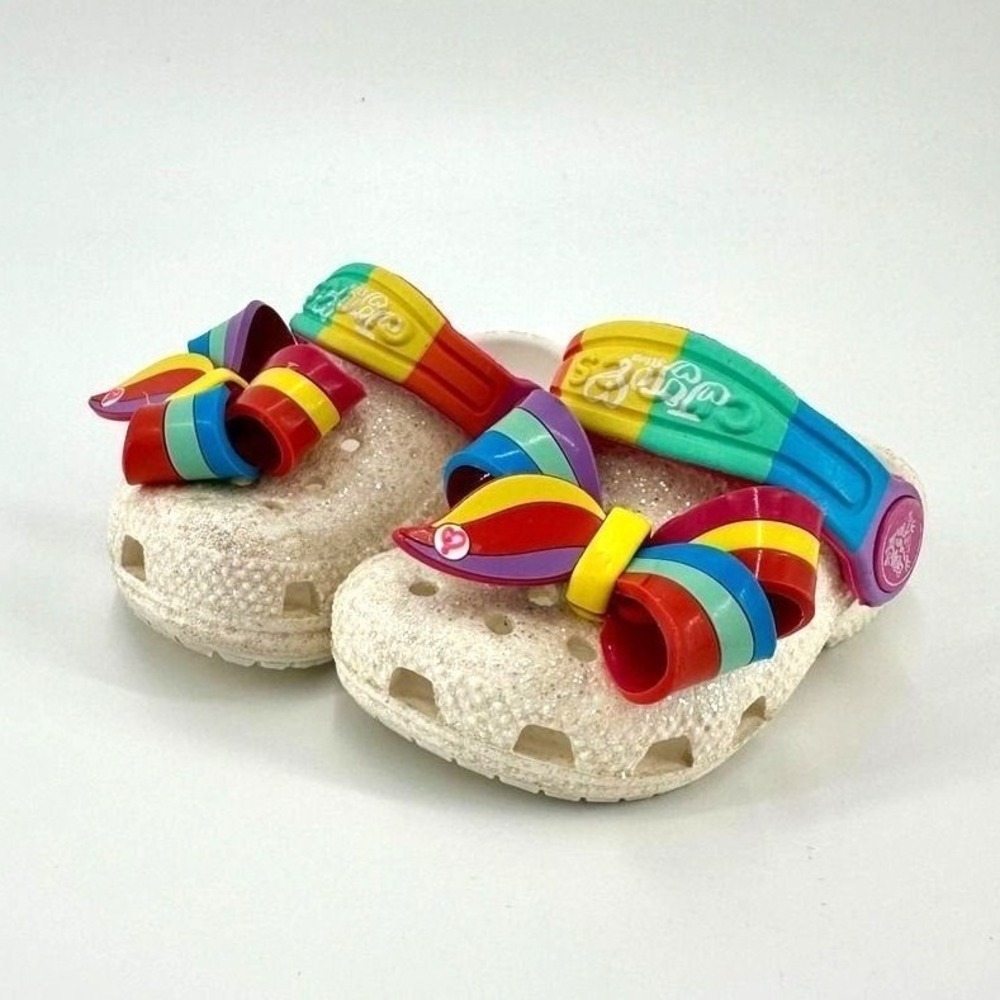 Rainbow Coquette Glitter Crocs Kids Size 4 Bow Slip On Garden Shoes